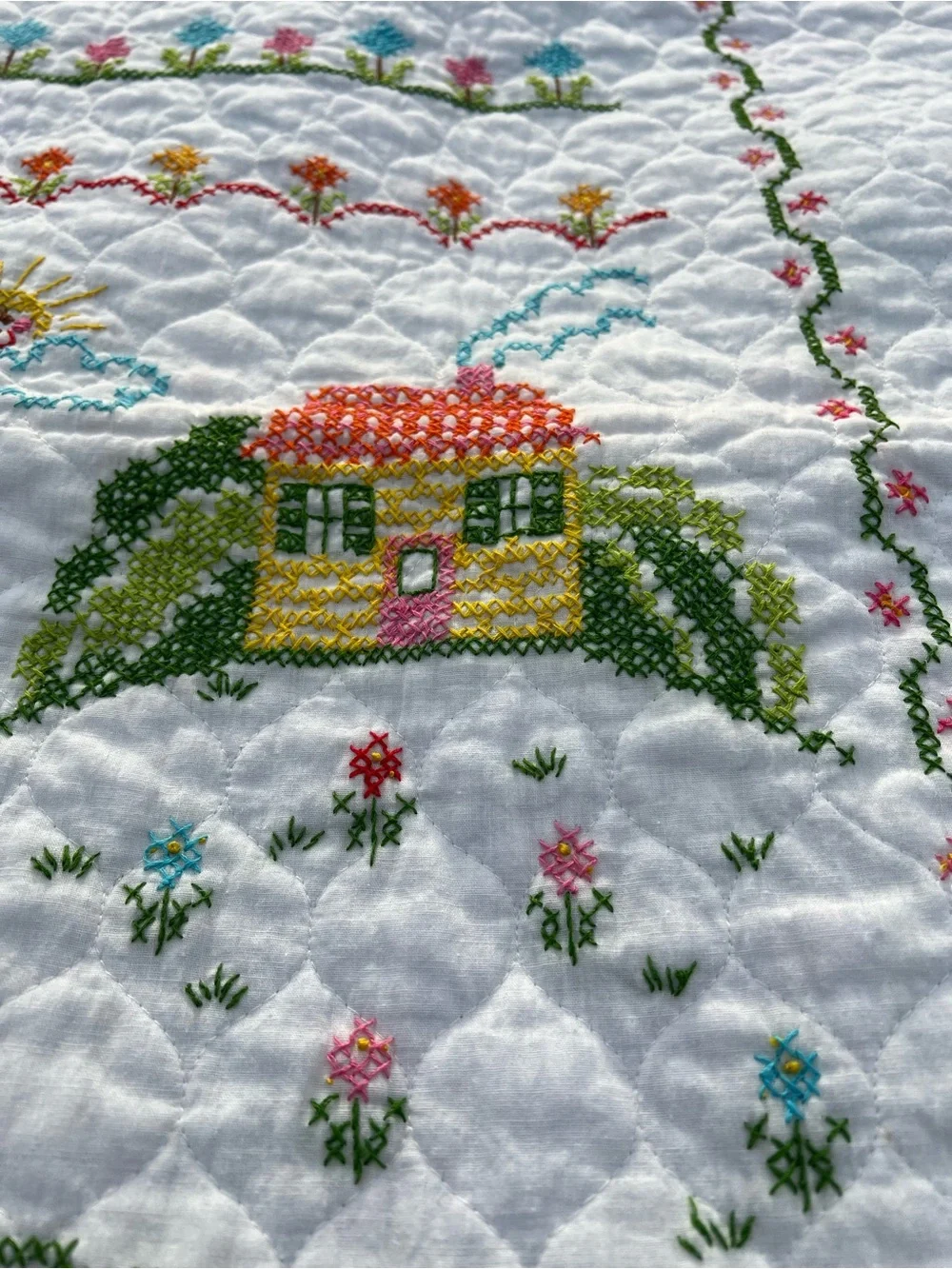 Hand-Embroidered Alphabet Sampler Quilt - Pastel & Primary Floral Motifs